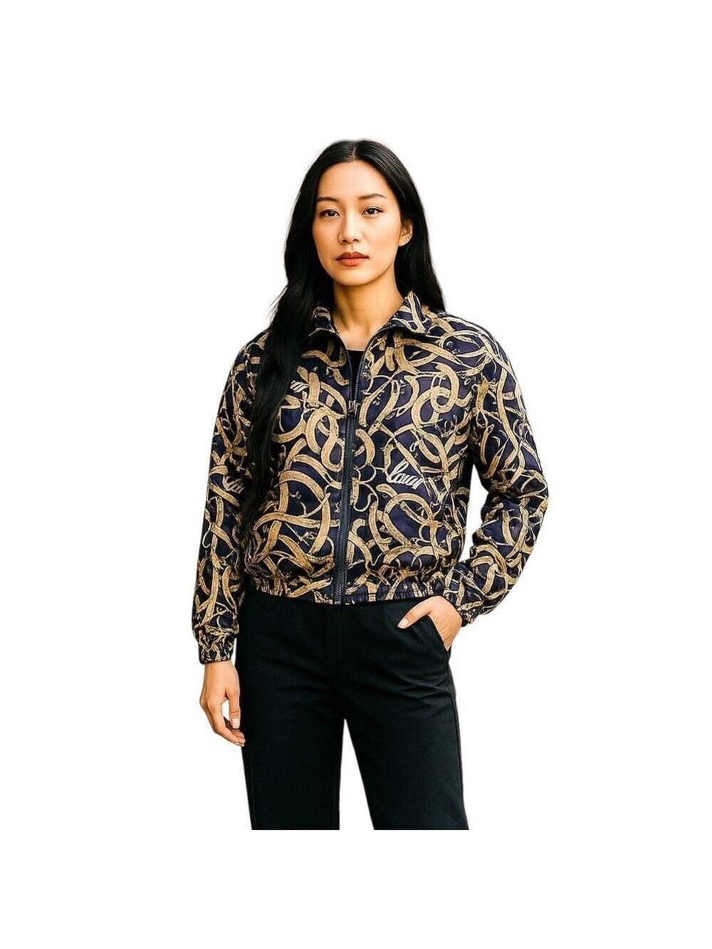 Vintage Silk Jacket Women's Medium 100% Silk Bogari Navy, Beige, and Gold Zip Up